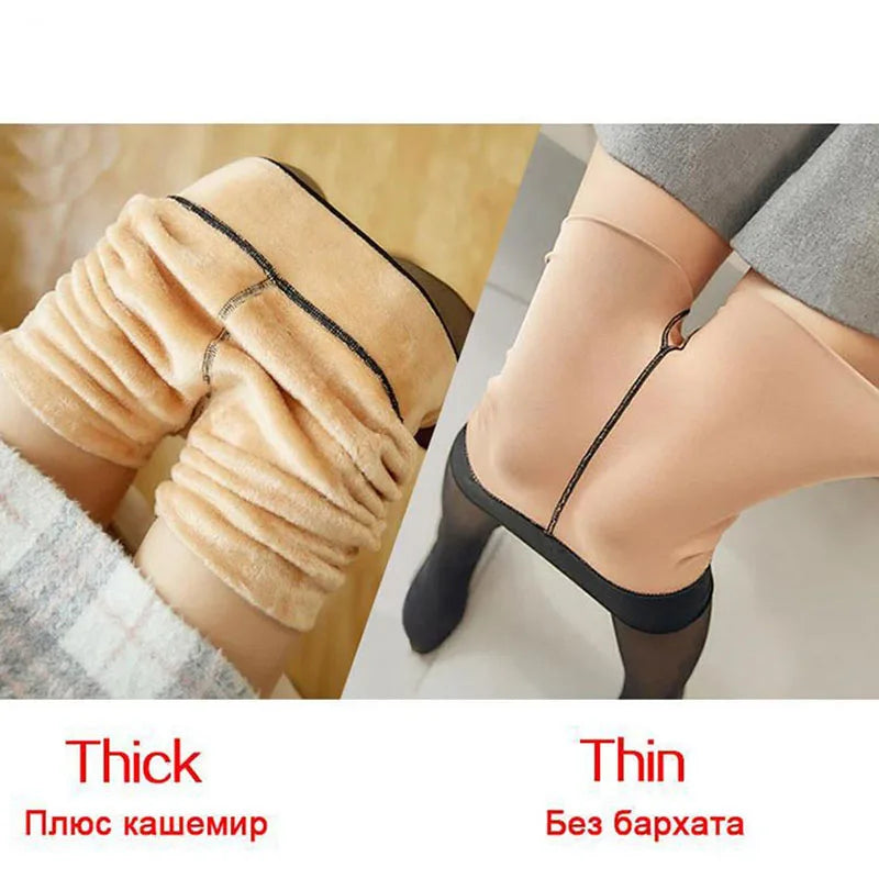 Comparison of thick and thin tights with text labels on a neutral background