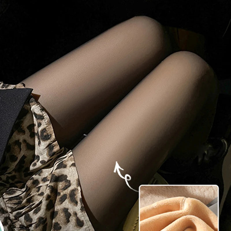 Close-up of legs wearing beige tights with a small logo, inset showing fabric texture.